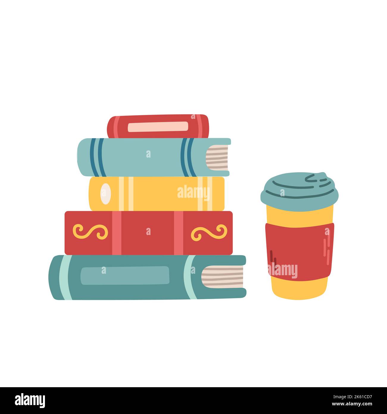 Livres, tasse de café ou de thé sur fond blanc vecteur. Conception pour carte de vœux, solde ou affiche promotionnelle Illustration de Vecteur