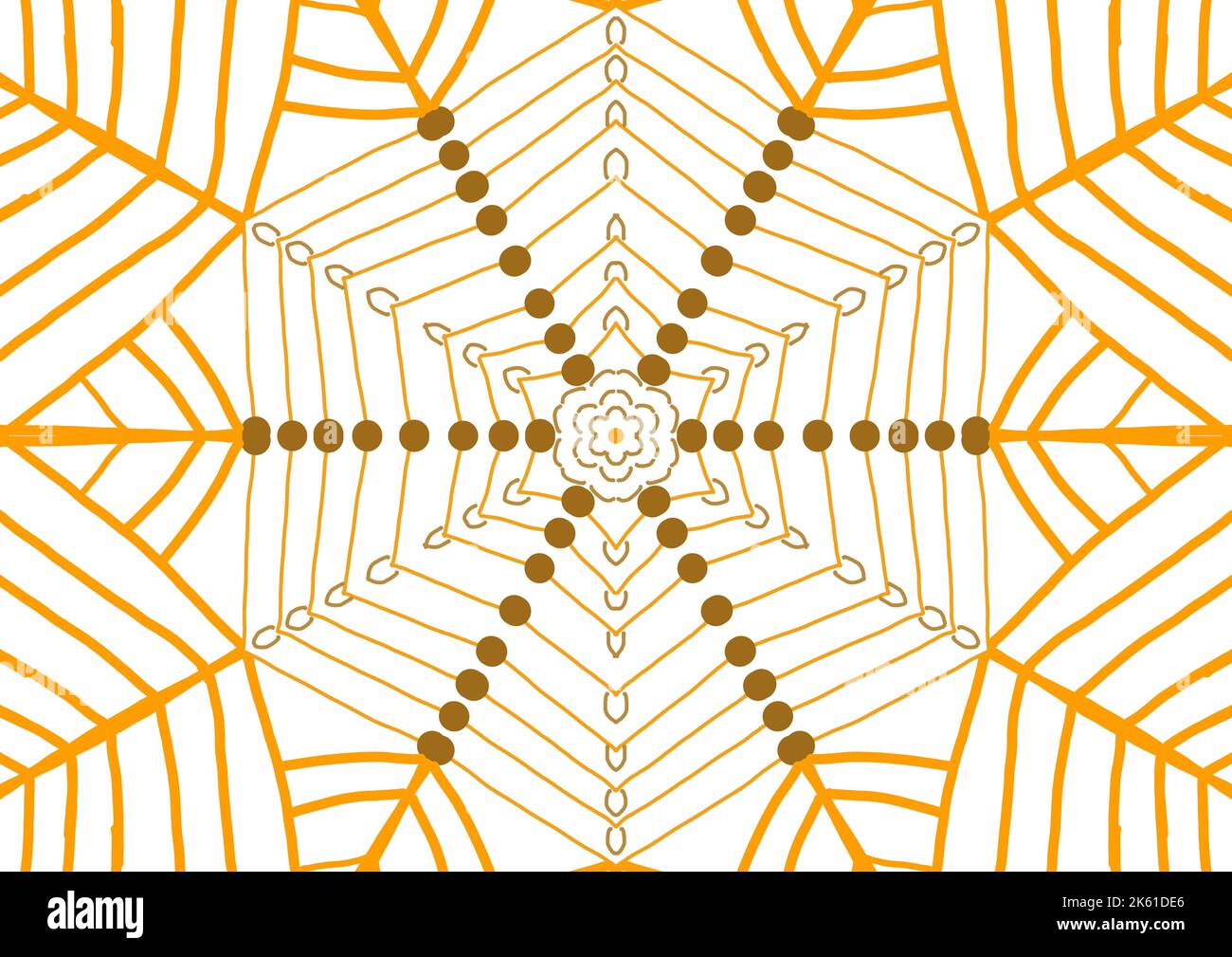 dessin abstrait en cercles et à chevrons avec des couleurs jaune et marron différentes avec des lignes et des points sur un fond blanc Banque D'Images