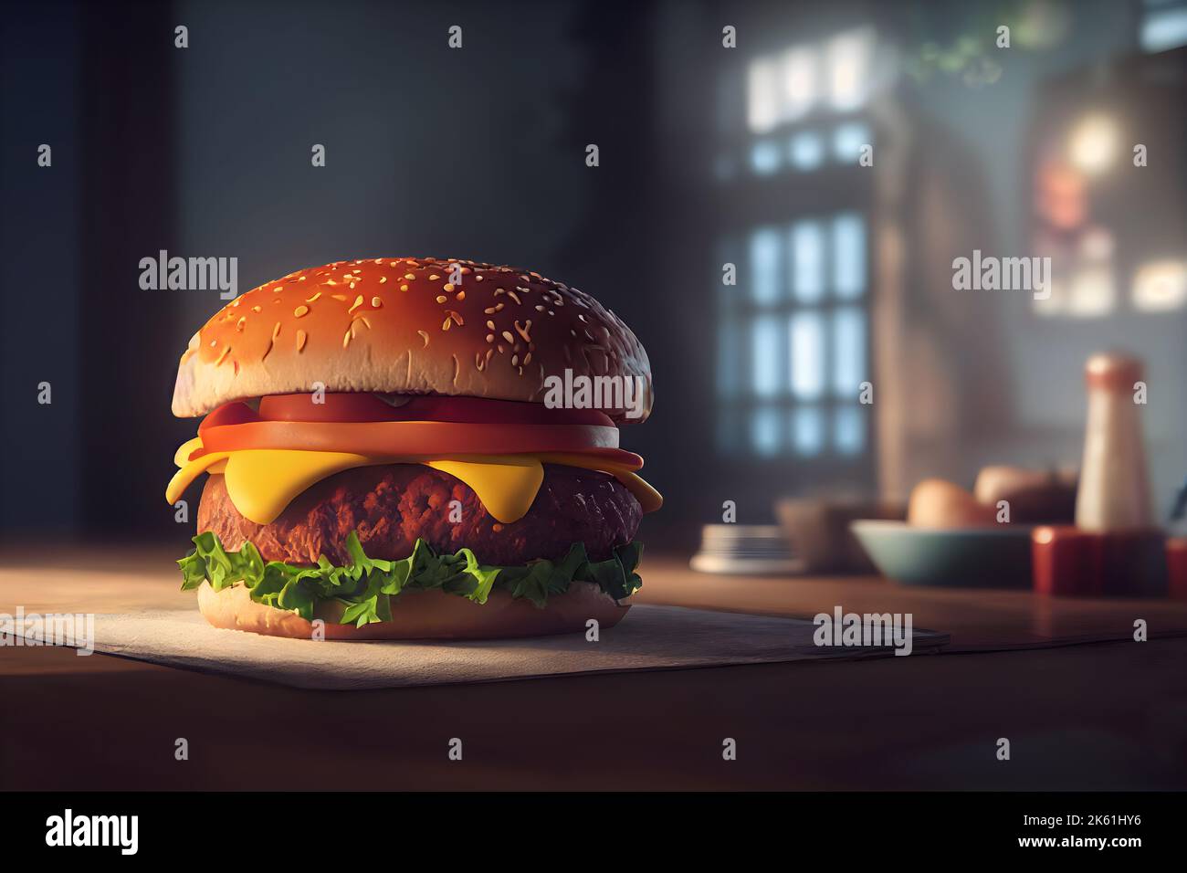 Gros plan sur un hamburger traditionnel. Dessin numérique. 3D rendu. Banque D'Images