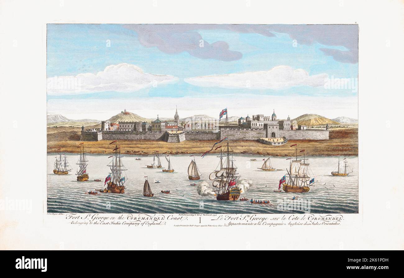Fort St. George sur la côte de Coromandel. Appartenant à la Compagnie de l'Inde de l'est de l'Angleterre. Le fort de Madras, Chennai moderne, fut fondé en 1639 et fut la première forteresse britannique en Inde. D'une impression de 18th siècle par un artiste anonyme après une œuvre de Jan Van Ryne. Banque D'Images