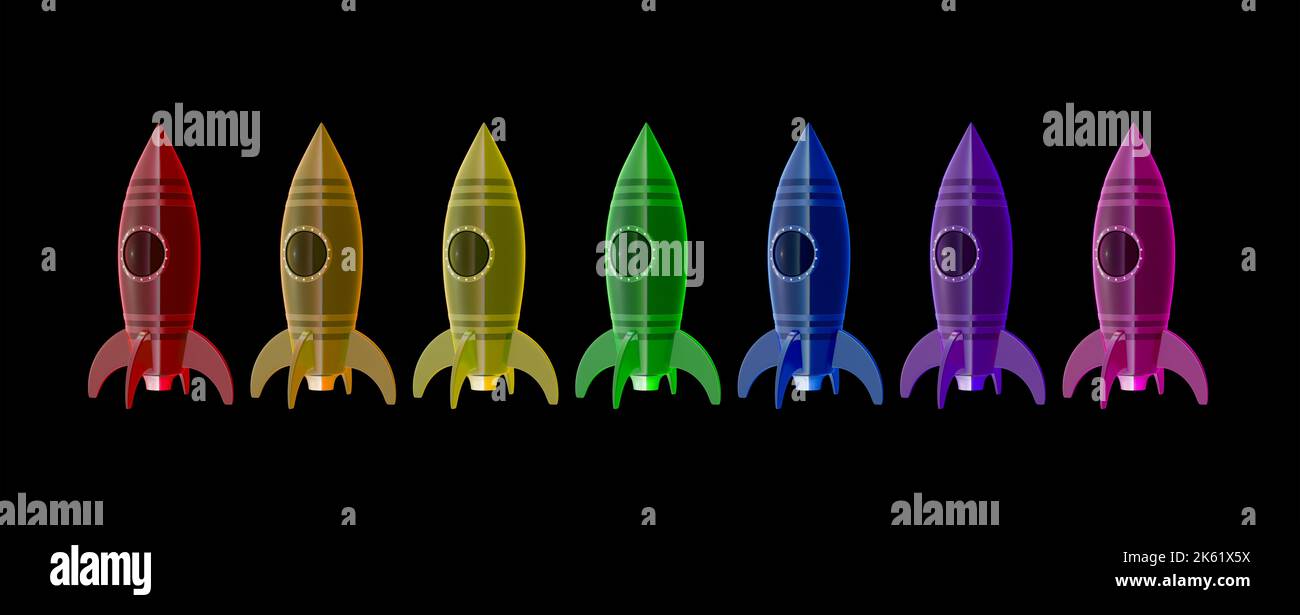 L'espace de la roquette colorée est disponible sur fond noir. Le concept d'exploration spatiale 3D représente 3D illustrations Banque D'Images