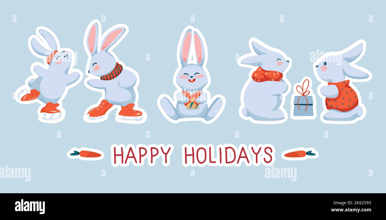 Carte de fêtes joyeuses pour ensemble de lapins d'hiver mignons Illustration de Vecteur