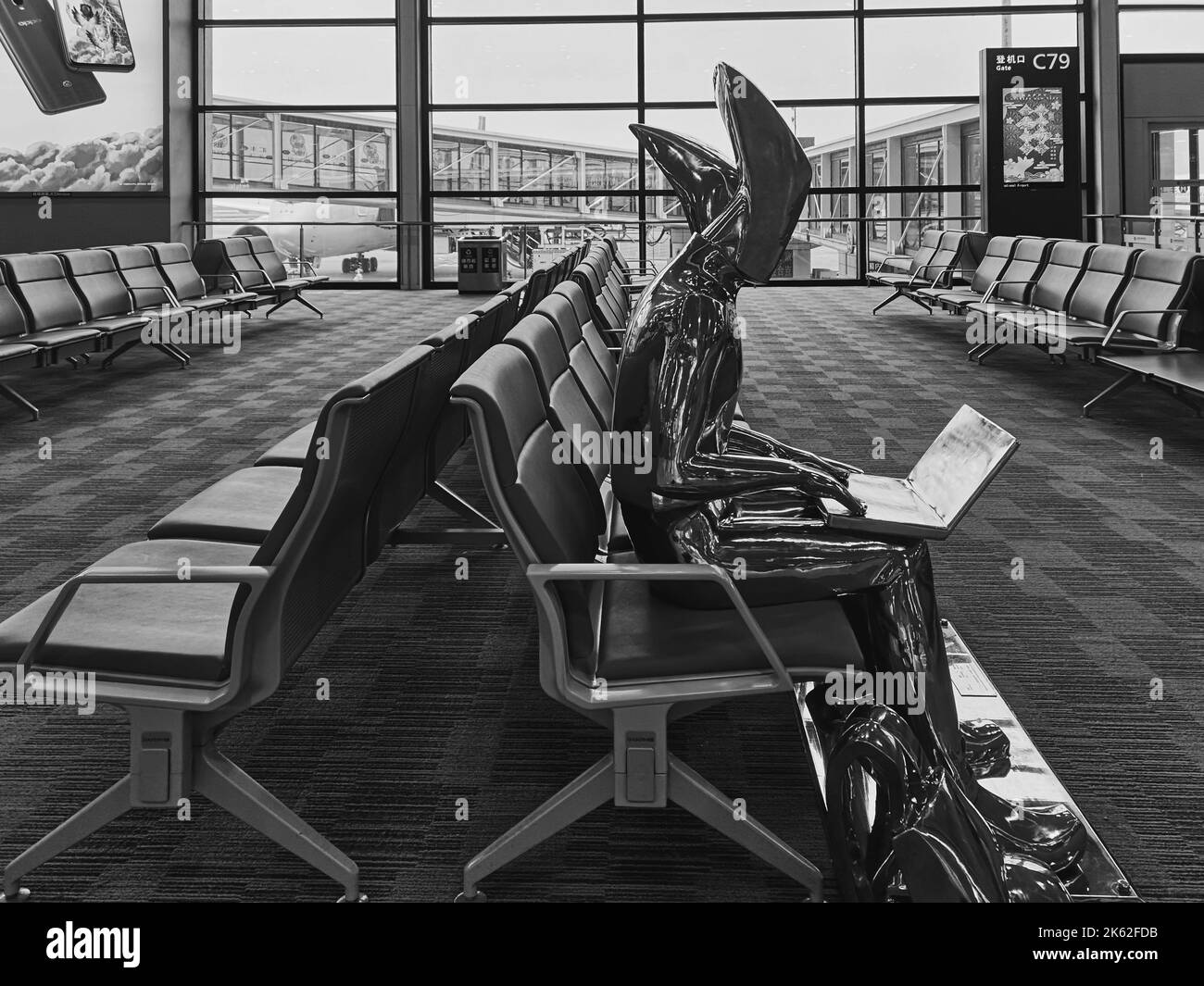 Une vue en niveaux de gris de la sculpture métallique sur les sièges de l'aéroport international de Shanghai Pudong Banque D'Images Une vue en niveaux de gris de la sculpture métallique sur les sièges de l'aéroport international de Shanghai Pudong Banque D'Images