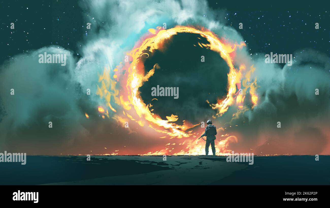soldat debout et regardant l'immense portail de feu circulaire flottant dans le ciel, style d'art numérique, peinture d'illustration Banque D'Images