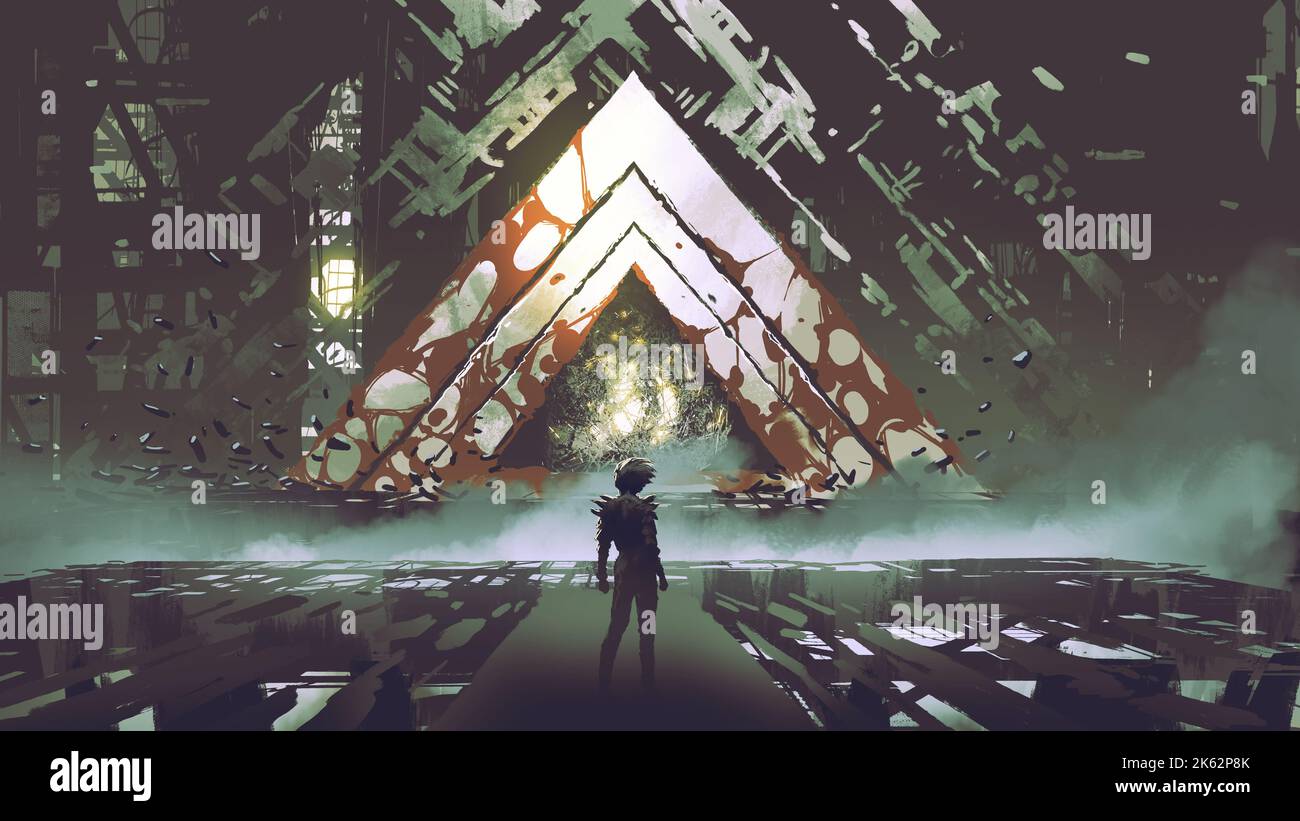 L'homme debout et regardant la porte triangulaire géante mystérieuse, style d'art numérique, peinture d'illustration Banque D'Images