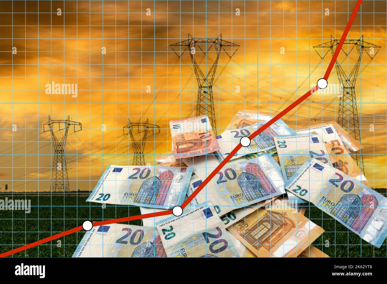 Résumé graphique financier avec prix de l'électricité de ligne en hausse sur les billets en euros et les pylônes d'électricité au coucher du soleil. Augmentation exponentielle du concept dans energ Banque D'Images