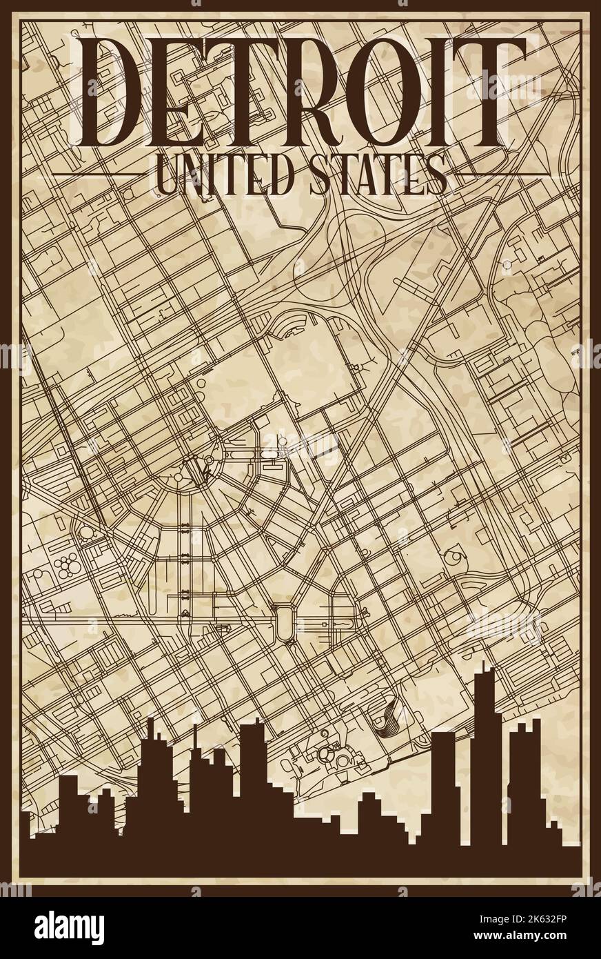 Carte imprimée du réseau des rues du centre-ville de DETROIT, ÉTATS-UNIS D'AMÉRIQUE Illustration de Vecteur
