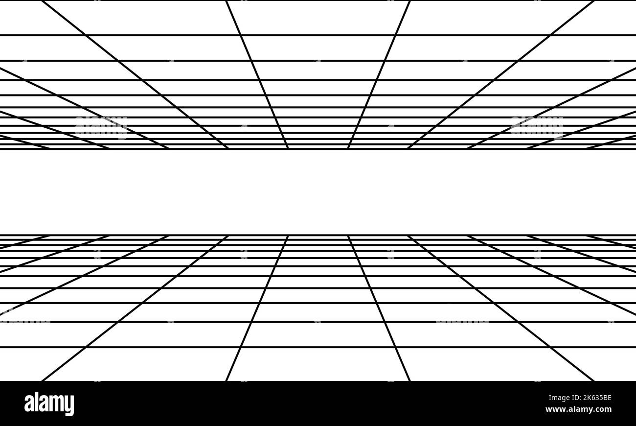 Salle de perspective avec grille noire. 3D plancher linéaire et dimension intérieure vide. Conception filaire de studio virtuel . Cadre et géométrie cyber-spatiaux simples Illustration de Vecteur