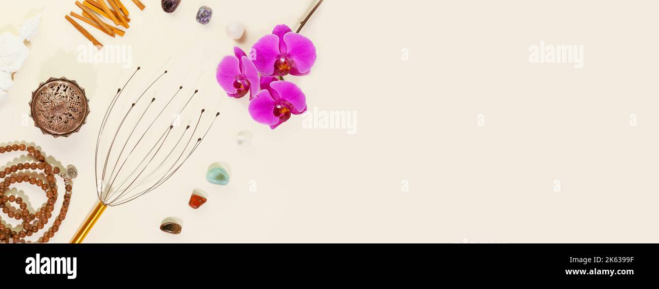 Self-Care, curatif banne avec set pour la détente et l'espace de copie Banque D'Images