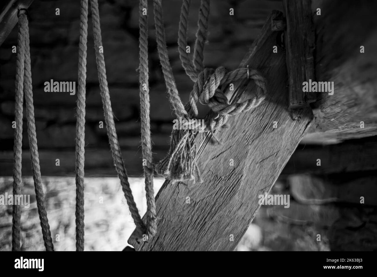 Une photo monochrome d'une bûche de bois accrochée sur les cordes Banque D'Images