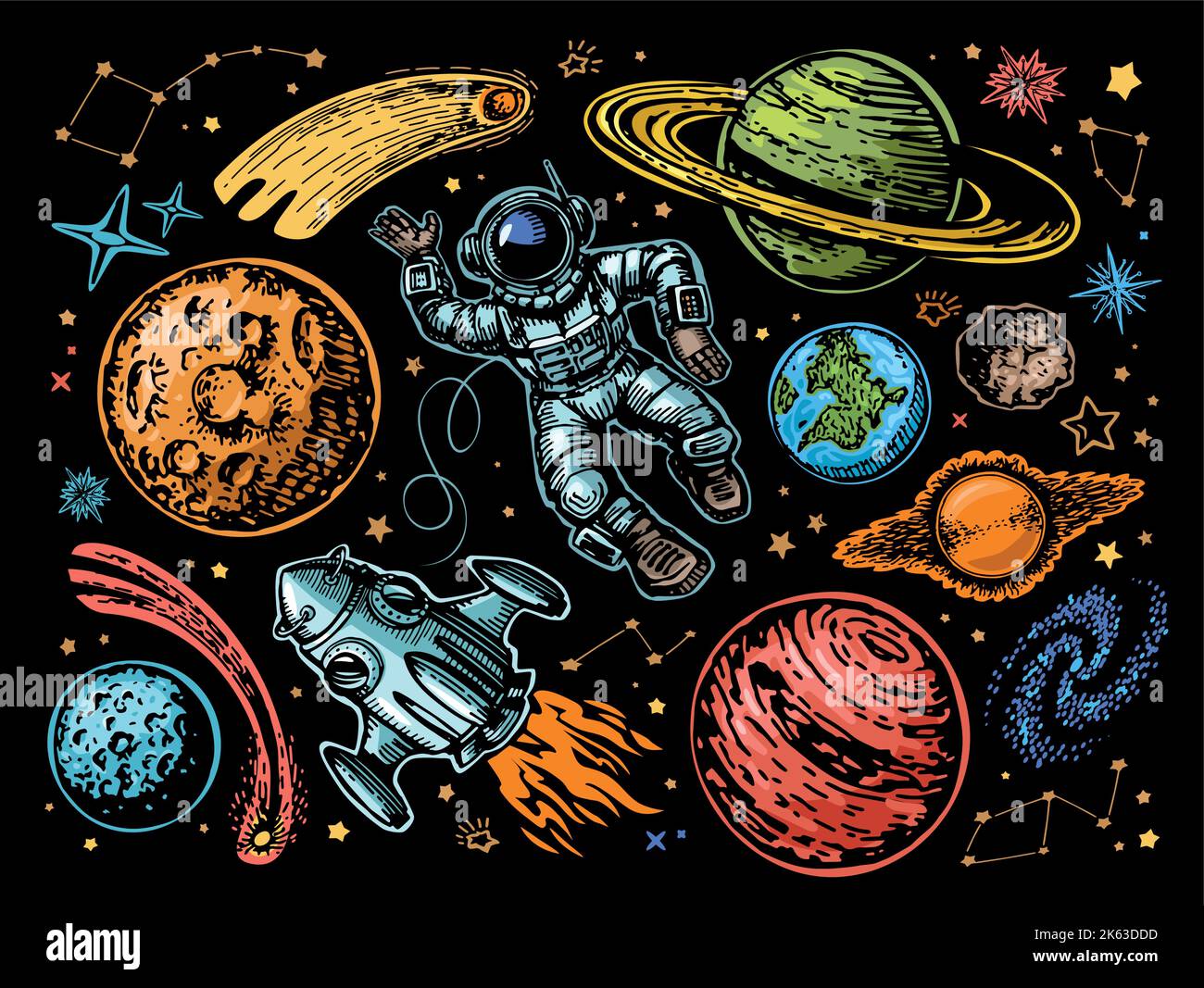 Espace avec planètes, comètes, constellations et étoiles, vaisseau spatial et astronaute. Astronomie, coloré ciel de nuit Illustration de Vecteur