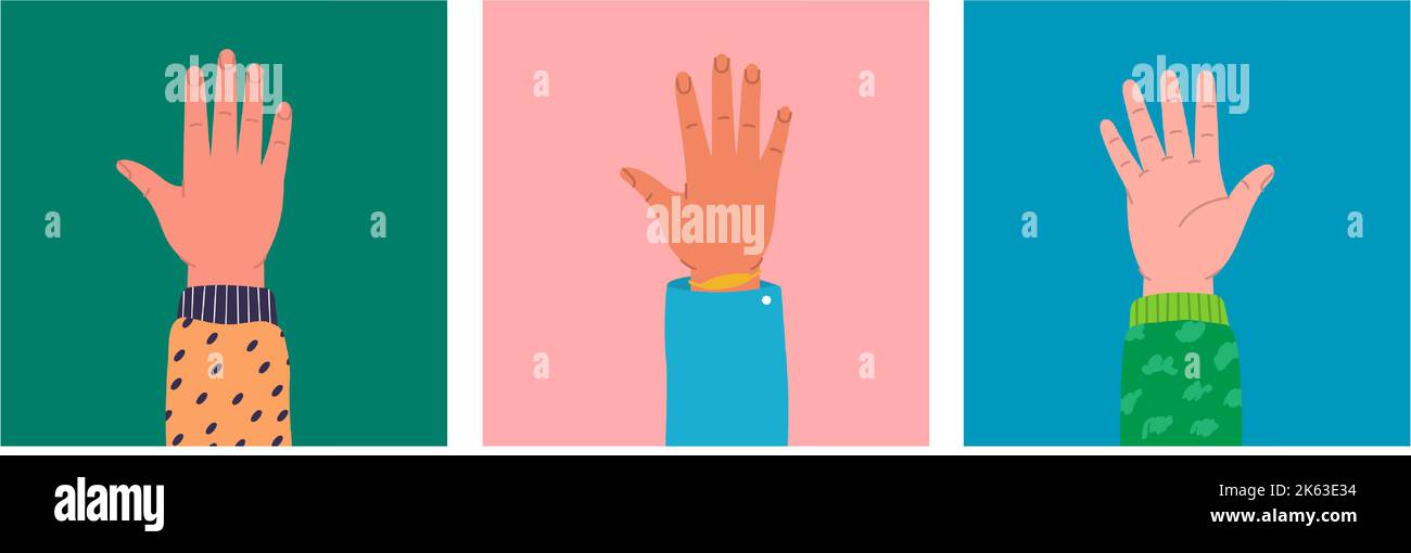 Mains levées. Différentes affiches avec les mains soulevées. Bras humains avec accessoires qui montent ensemble. Illustration de Vecteur