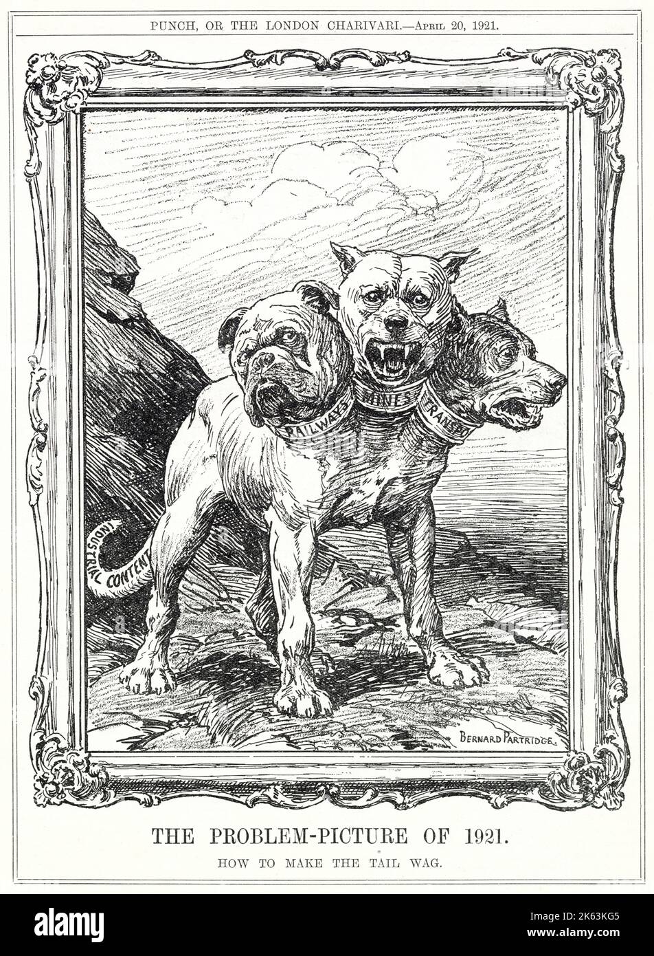 Caricature, l'image-problème de 1921, montrant la « Triple Alliance » des  chemins de fer, des Mines et des Transports comme Cerberus, le chien à  trois têtes. Date: 1921 Photo Stock - Alamy