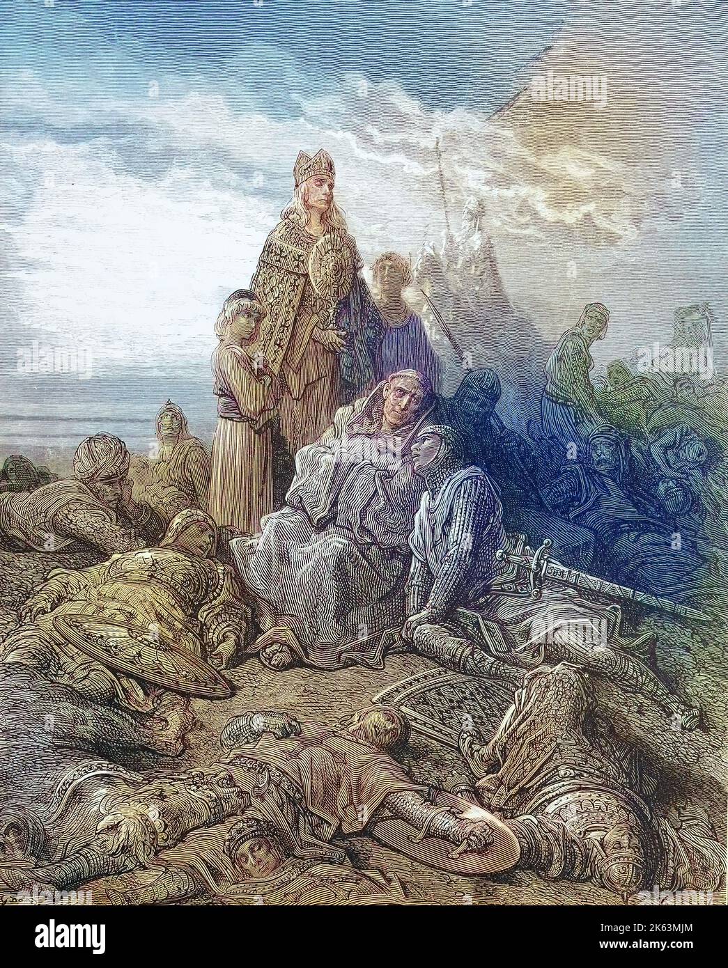 Les croisades étaient une série de guerres religieuses en Asie occidentale et en Europe initiées, soutenues et parfois dirigées par l'Eglise catholique, croisade blessée à la confession, deuxième croisade, Jérusalem. Der schwer verletzte Ritter bei der Beichte neben einem Priester, Kreuzzüge waren von der Latéinischen Kirche sanktionierte, strategisch, religiös und wirtschaftlich motivierte Kriege zwischen 1095/99 und dem 13. Jahrhundert, Historisch, Digital amélioration de la reproduction d'un original du XIXe siècle / digitale Reproduktion einer Originalvorlage aus dem 19. Jahrhundert Banque D'Images