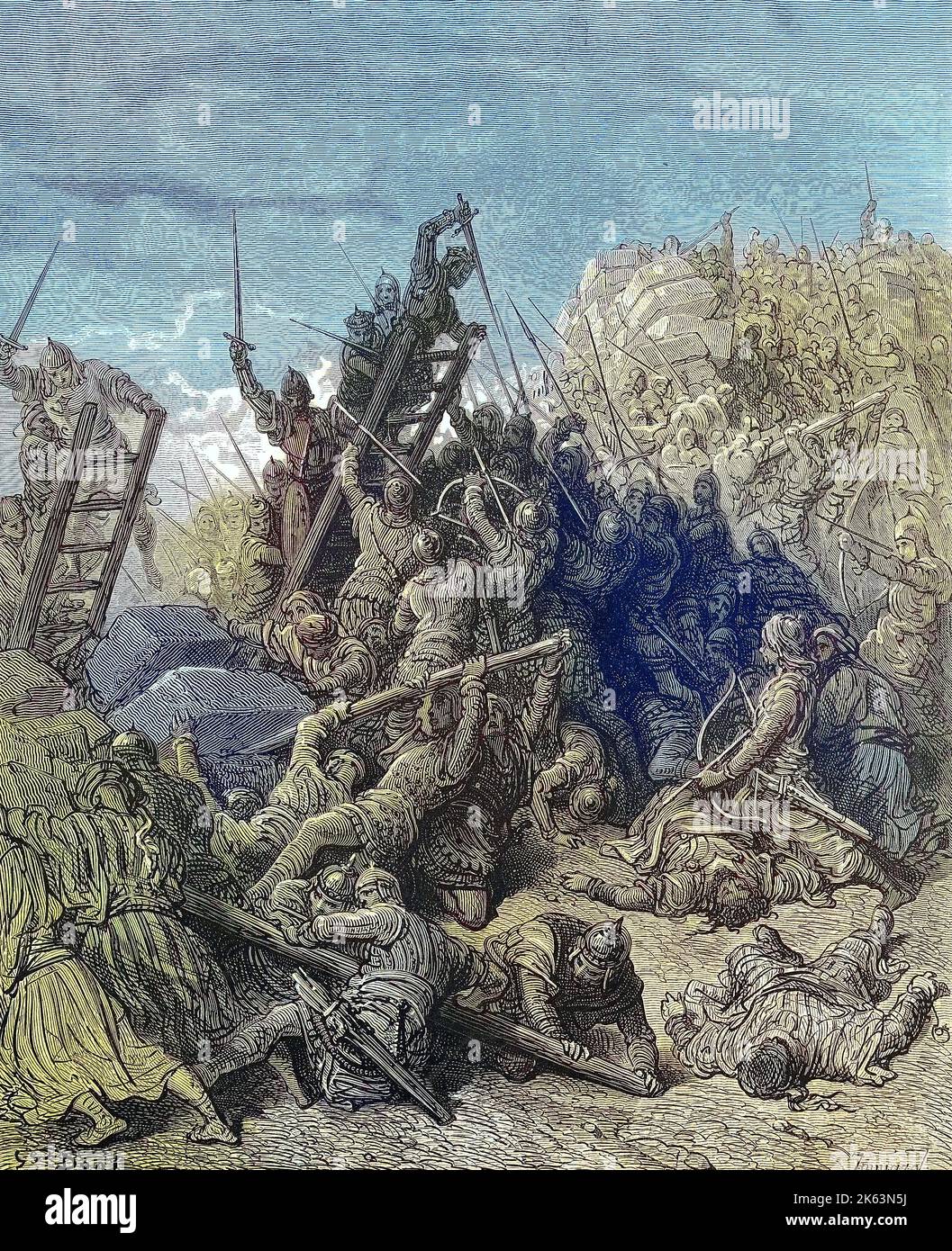 Les croisades étaient une série de guerres religieuses en Asie occidentale et en Europe initiées, soutenues et parfois dirigées par l'Eglise catholique, Storm on Damiette, une ville importante pendant les croisades des XIIe et XIIIe siècles. En 1169, une flotte du royaume de Jérusalem a attaqué le port avec le soutien de l'Empire byzantin, mais a été vaincue par Saladin, Sturm auf Damiette, Damiette war zur Zeit der Kreuzzüge im 12. Und 13. Jahrhundert eine bedeugende Stadt. 1169 griff eine Botte aus dem Königreich Jerusalem den Hafen mit Unterstützung des Byzantinischen Reichs an, wurde aber von sa Banque D'Images