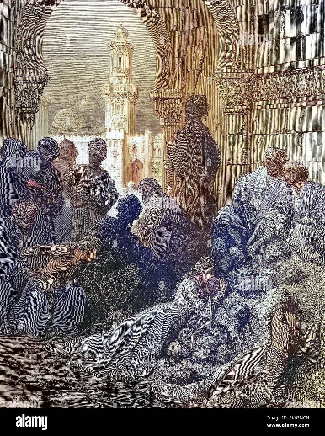 Les croisades étaient une série de guerres religieuses en Asie occidentale et en Europe initiées, soutenues et parfois dirigées par l'Eglise catholique, séculaient des chefs de prisonniers, abgeschlagene Köpfe der Gefangenen durch Sultan Bibar, Baibars ou Baybars, En 1260 Baibars, le Sultan d'Egypte et de Syrie, A commencé à menacer la Principauté d'Antioche, un État de Crusader, qui avait soutenu les Mongols, les ennemis traditionnels des Turcs. En 1265, Baibars prit Césarée, Haïfa et Arsuf et massacré les habitants, Kreuzzüge waren von der Latéinischen Kirche sanktionierte, strategisch, religiös und wirtschaf Banque D'Images