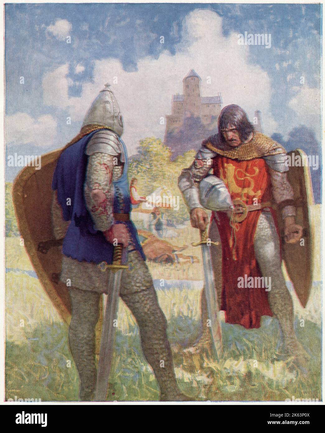 Sir Lancelot conteste Sir Tarquin (Tarquine) qui a emprisonné 64 chevaliers du roi Arthur. Sir Tarquin est tué. Banque D'Images