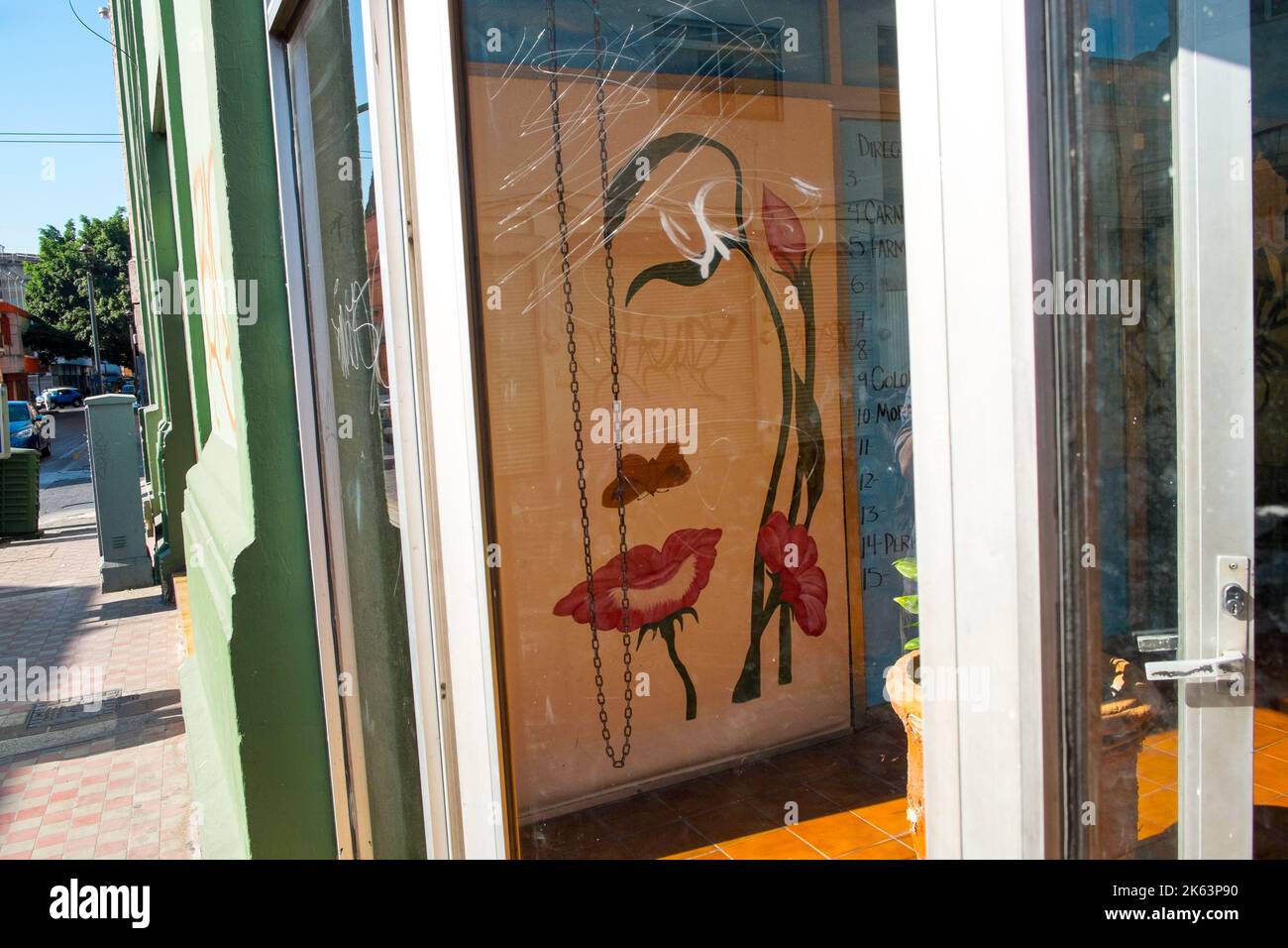 Imprimé d'une femme souriante aux lèvres rouges et à la fleur rouge, Guadalajara, Mexique Banque D'Images