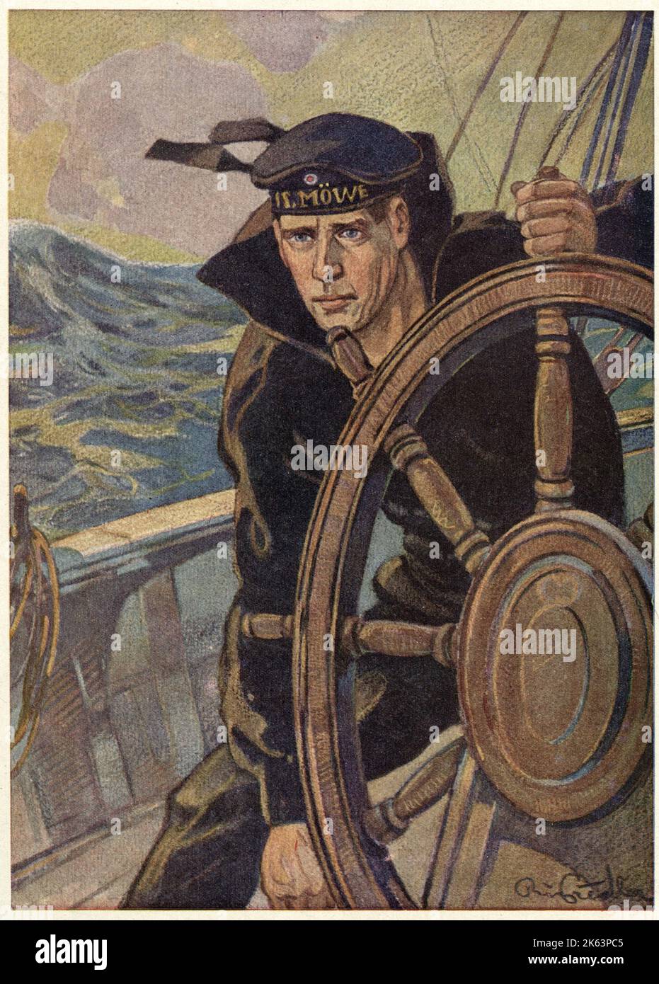 Marin au volant d'un navire de la marine allemande pendant la première Guerre mondiale. Banque D'Images