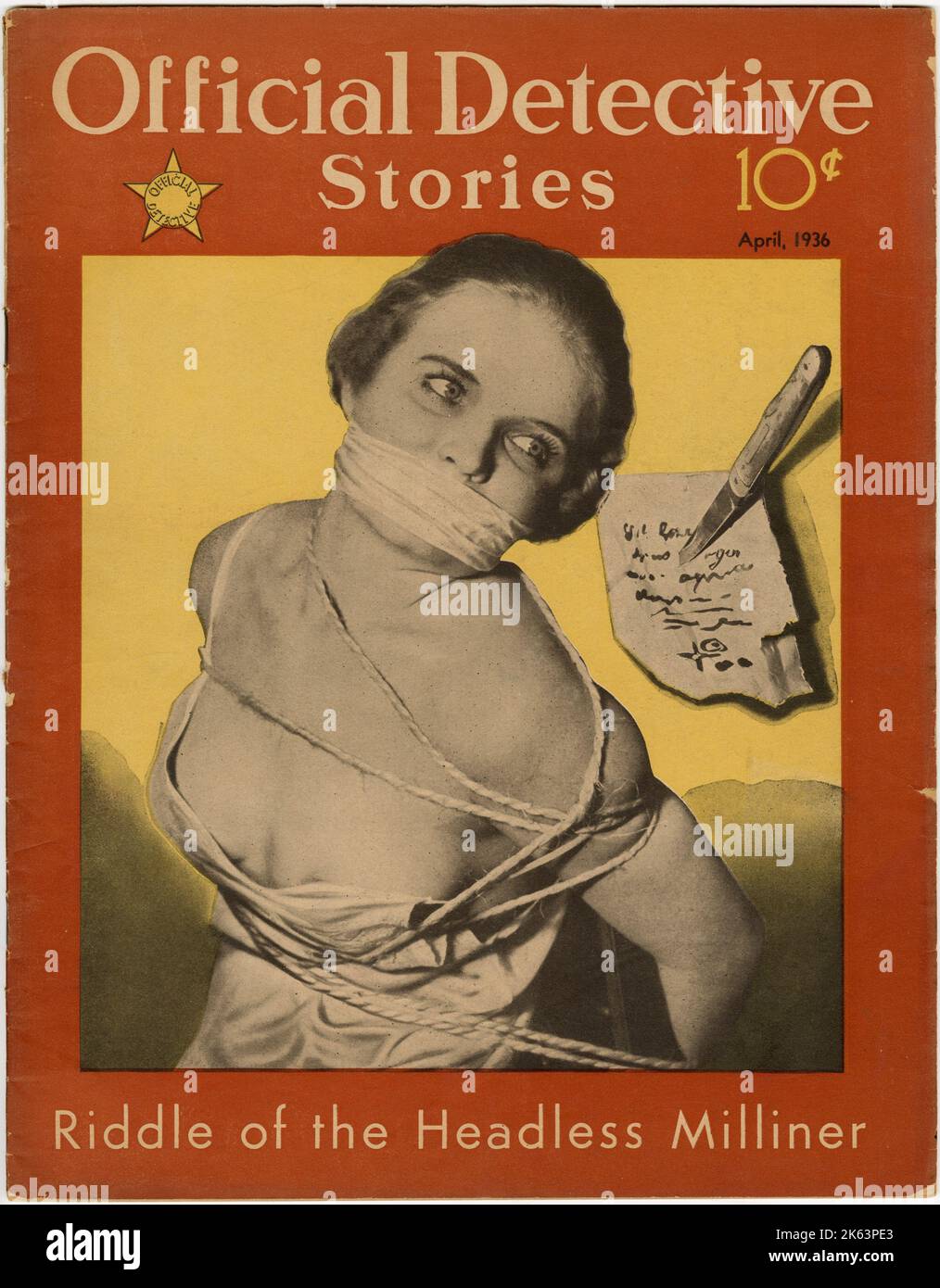 Couverture de « Official Detective Stories », avec une histoire intitulée « Riddle of the Headless Milliner », montrant une femme qui a été liée et bâillonnée. Banque D'Images