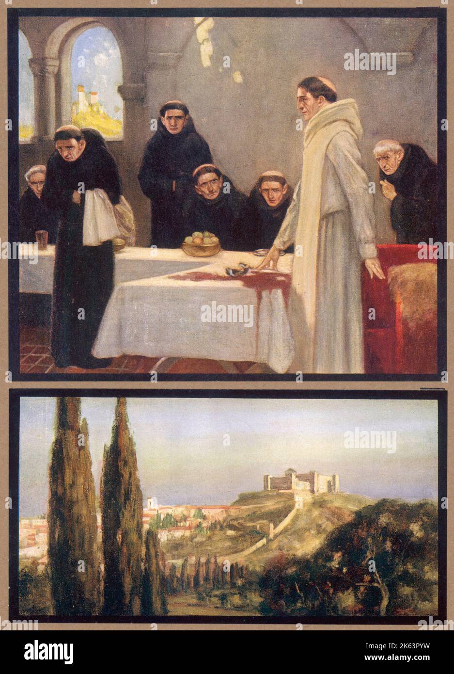 SAINT BENOÎT DE NURSIA remontrise avec les moines quand ils se plaignent qu'il a donné trop de leur nourriture aux pauvres. Ci-dessous, Spoleto, sa ville natale Banque D'Images