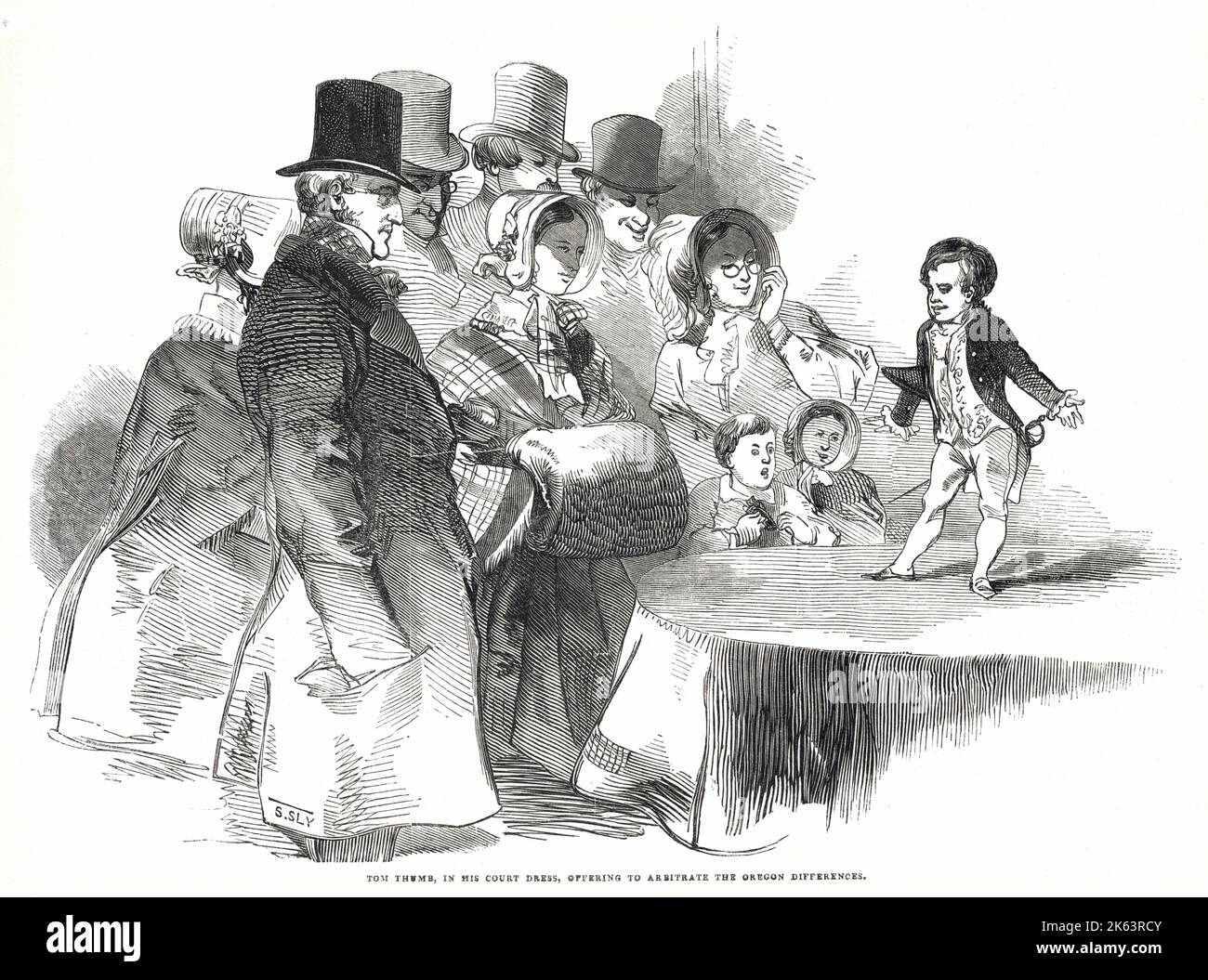 Charles Sherwood Stratton connu par tous comme le général Tom Thumb (1838 - 1883), nain américain, qui a atteint une grande renommée. Vêtu d'une robe de cour, apparaissant au Egyptian Hall de Piccadilly, où il propose fièrement de négocier la question de l'Oregon entre l'Angleterre et l'Amérique. Banque D'Images