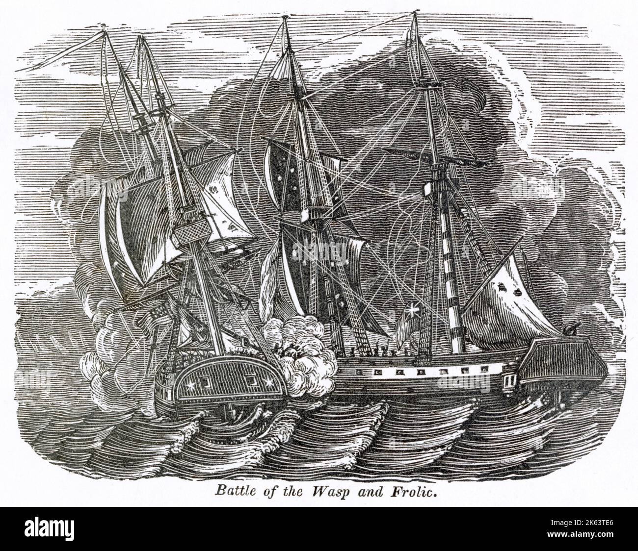 La capture du brick HMS Frolic de vingt canons par le sloop du navire américain USS Wasp. Banque D'Images