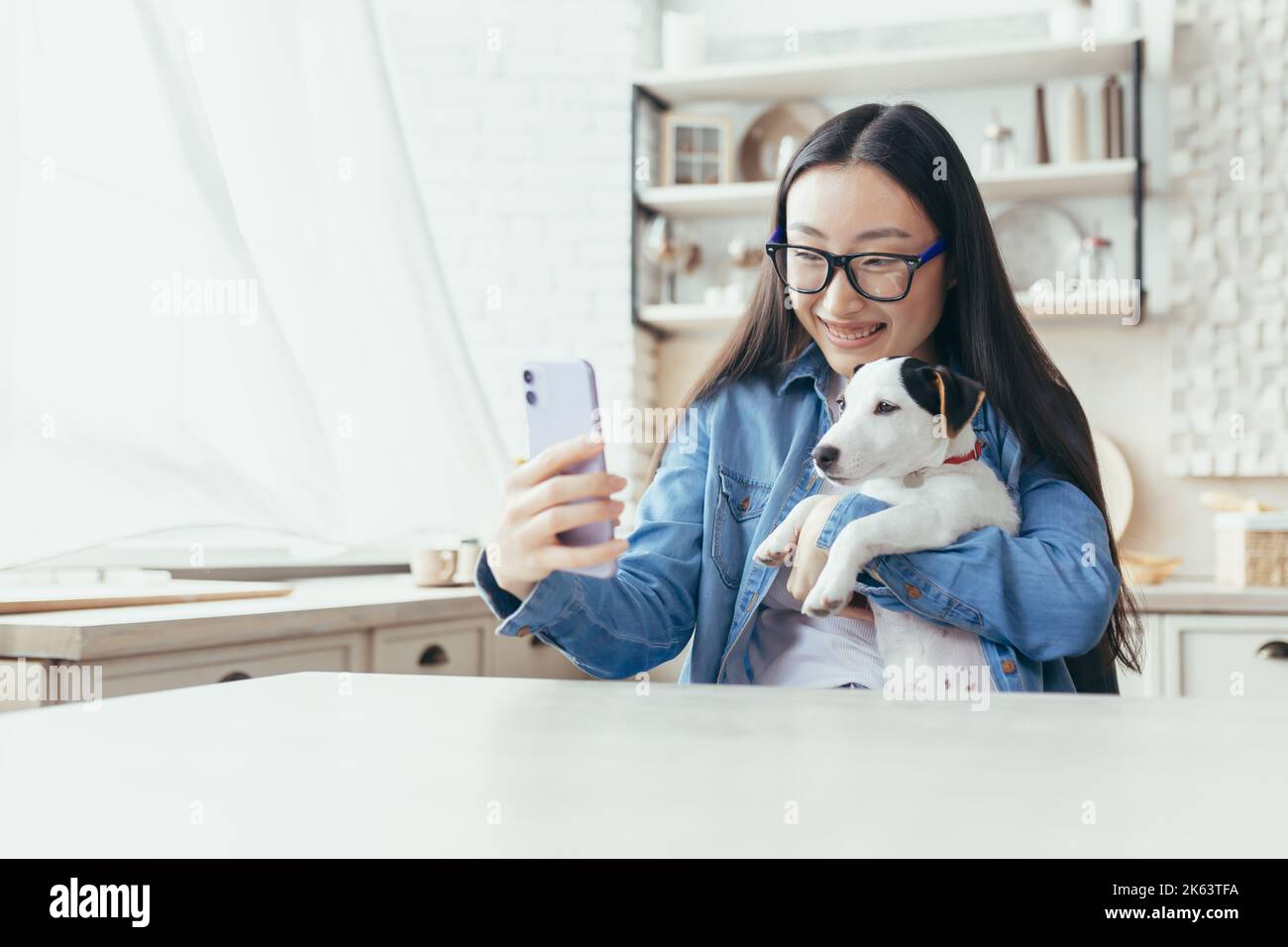 Jeune femme asiatique avec prise pour animaux russell terrier parlant en appel vidéo avec des amis, femme à la maison dans la cuisine utilisant un smartphone pour la communication à distance. Banque D'Images