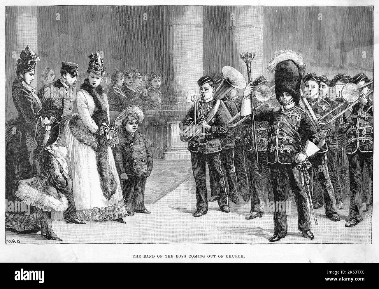 La bande des cadets de la marine les conduit hors de l'église. Banque D'Images