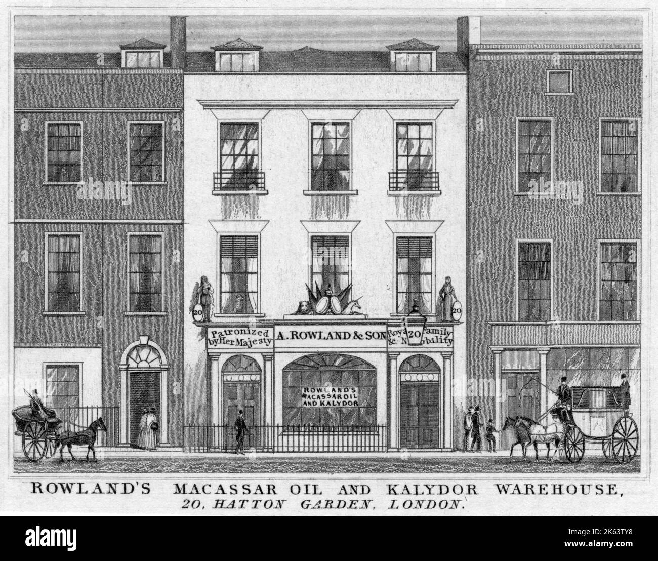 Bien que Hatton Garden soit principalement associé au commerce des bijoux, il est également célèbre comme l'emplacement de l'entrepôt de l'huile de Macassar de Rowland. Date: 1838 Banque D'Images