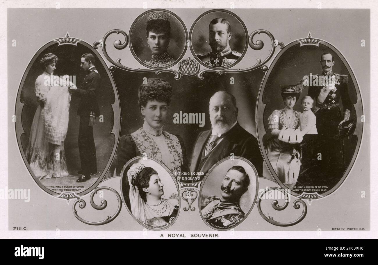 Image européenne pré-WW1 - (centre) le roi Édouard VII (1841-1910) et de la Reine Alexandra (1844-1925) - (centre supérieur) Prince de Galles (futur roi George V) (1865-1936) et la princesse de Galles (plus tard la reine Marie) (1867-1953) - (centre inférieur) L'Empereur Guillaume II d'Allemagne (1859-1941) et de l'Impératrice Augusta Victoria de Schleswig-Holstein (1858-1921) - (à gauche), le roi Alphonse XIII d'Espagne (1886-1941) et de la Reine d'Espagne, Victoria Eugénie de Battenberg (1887-1969) photographié avec leur premier enfant Alfonso, Prince des Asturies (19071938) - et (à droite), le roi Haakon VII de Norvège (1872-1957), Maud de galles, Reine de Banque D'Images