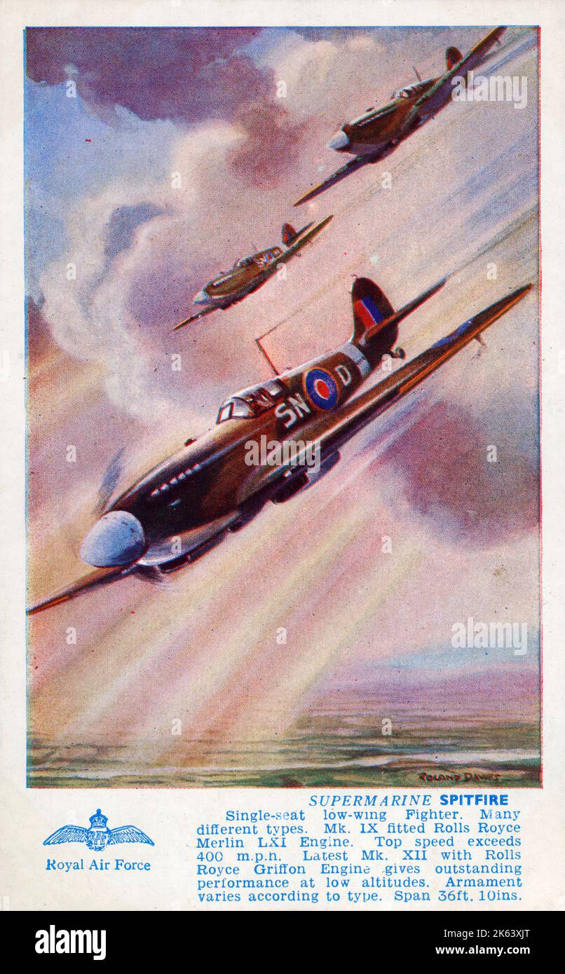 Supermarine Spitfire - chasseur à voilure basse d'un seul siège. De nombreux types différents. MK. 1x Rolls Royce Merlin LXI montés. La vitesse maximale dépasse 400mph. Dernier Mk. Le moteur griffon XII avec Rolls Royce offre des performances exceptionnelles à basse altitude. L'armement varie selon le type. Portée 36ft. 10'. Banque D'Images