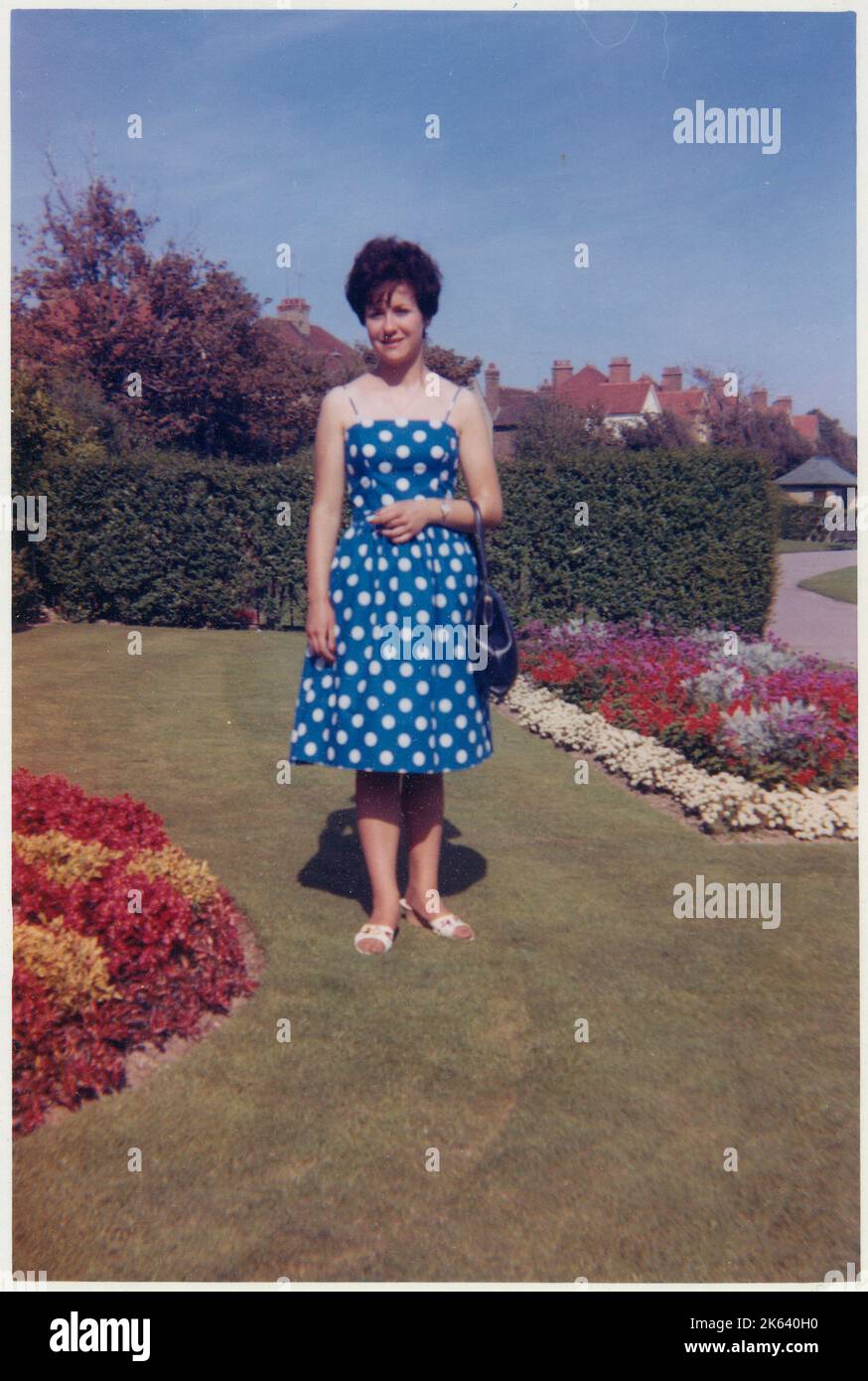 Jeune femme entre deux parterres de fleurs magnifiquement entretenues dans un beau jardin de banlieue britannique, elle est très habilement habillée dans une robe à pois bleu et blanc, ses cheveux ont un style très tendance - septembre 1962. Banque D'Images