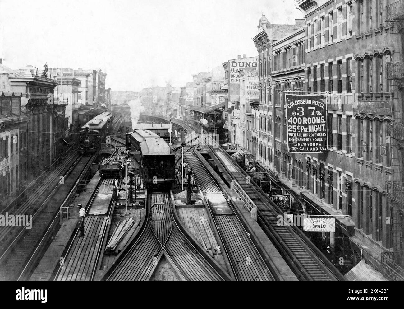Photographie vintage du 19th siècle : El train, train surélevé, chemin de fer et Colosseum Hotel New York Banque D'Images