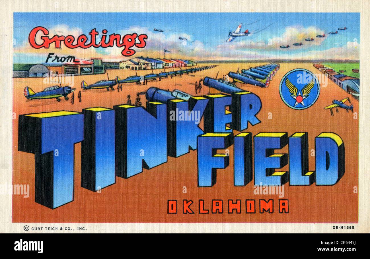 Salutations de Tinkler Field, Oklahoma, USA. Noms d'après le major général Clarence Leonard Tinker, un amérindien Osage. Le premier major général amérindien de l'histoire de l'armée américaine. Banque D'Images