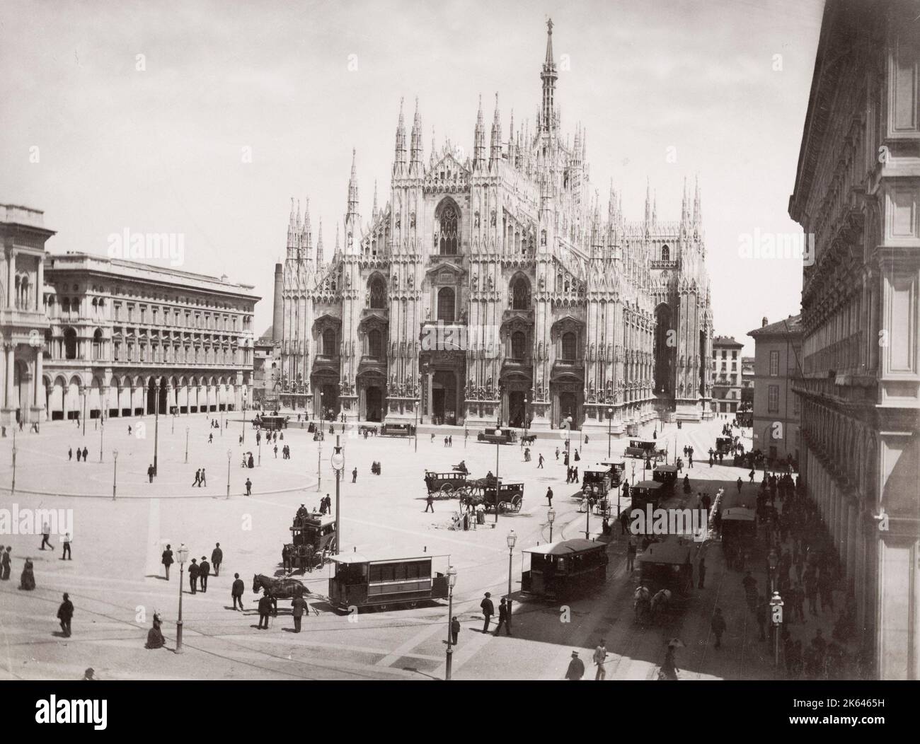Photographie du XIXe siècle : duomo, cathédrale, Milan, béliers tirés par des chevaux. Banque D'Images