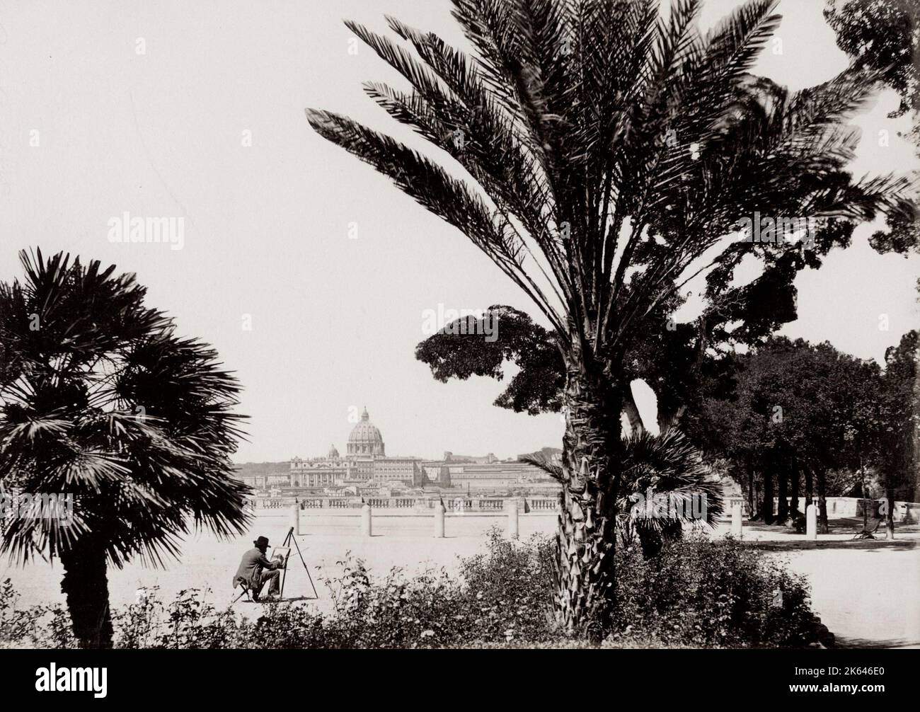 Photographie du XIXe siècle : basilique Saint-Pierre, Vatican, de la colline de la Pincienne, Rome, Italie. Banque D'Images