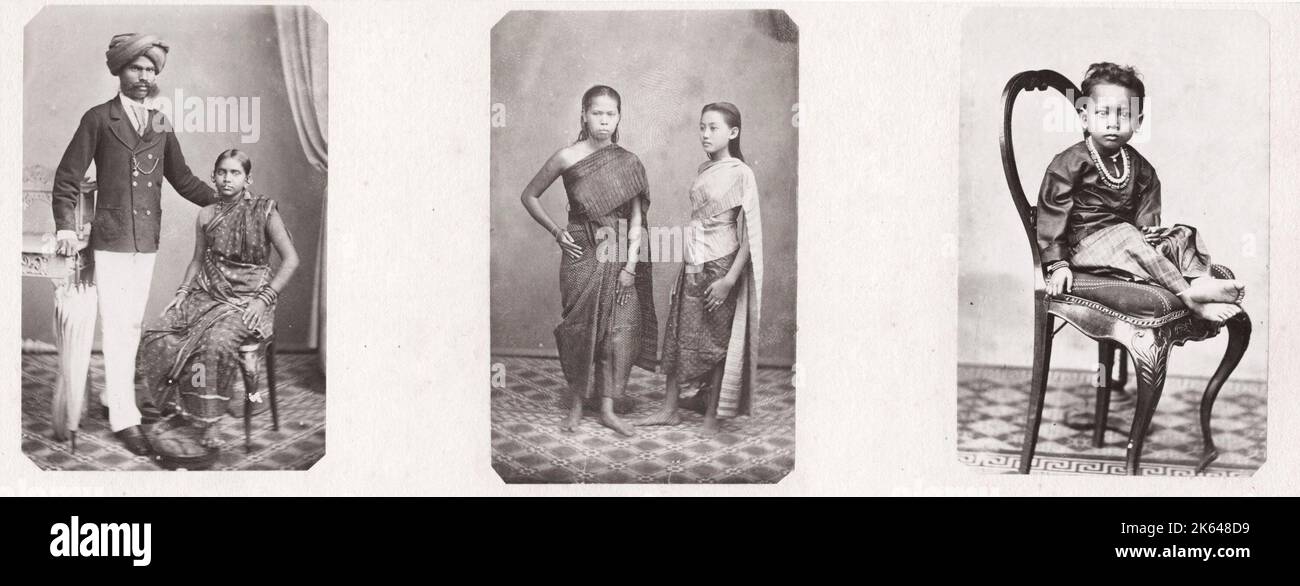 Photo du XIXe siècle : portraits de Malais, péninsule malaise, aujourd'hui principalement la Malaisie. Les « types » ethniques sont conçus pour représenter les caractéristiques raciales plutôt que pour servir de portraits individuels. Banque D'Images