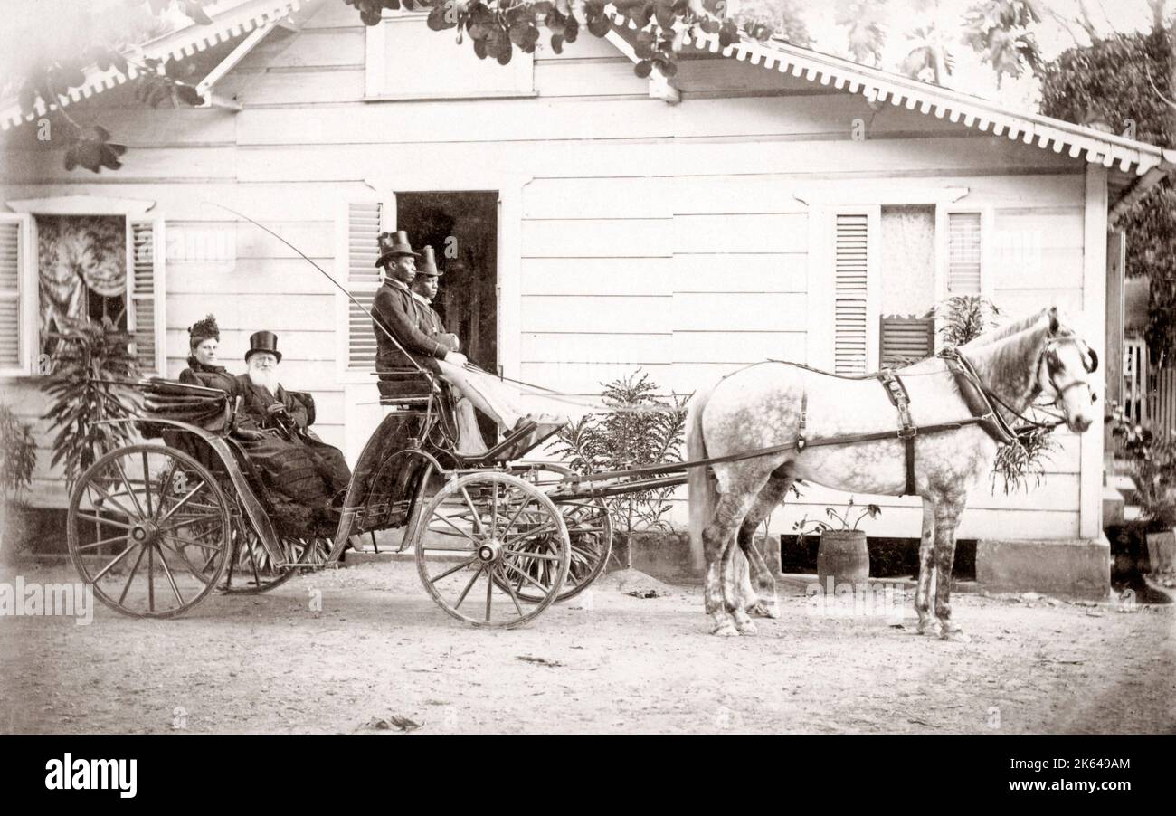 Couple blanc noir avec des cochers en buggy tiré par des chevaux, de la Jamaïque, c.1890 Banque D'Images