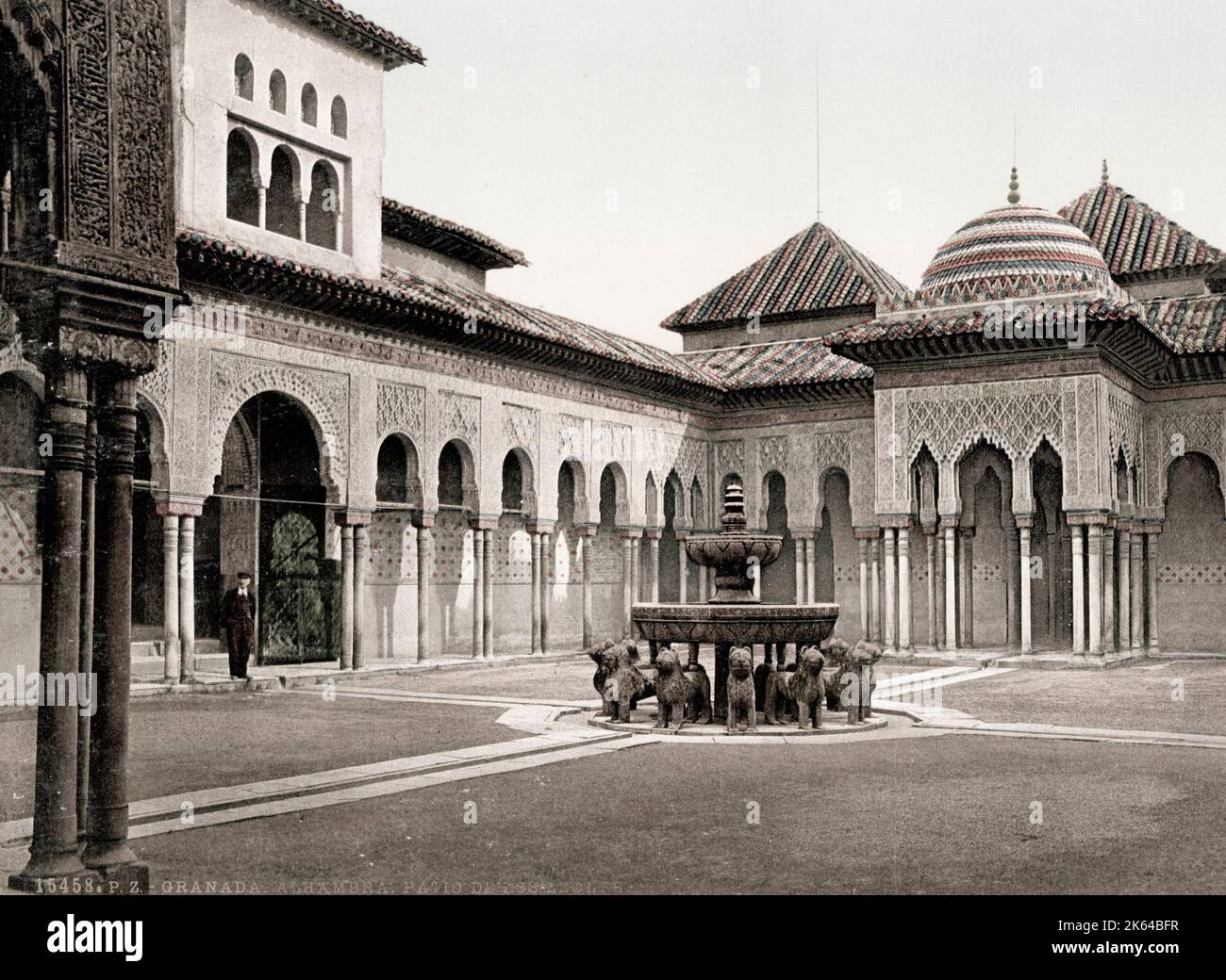 Photographie vintage vers 1900 : Palais de l'Alhambra, Grenade, Espagne, le patio des Lions (patio de los Leones). Banque D'Images