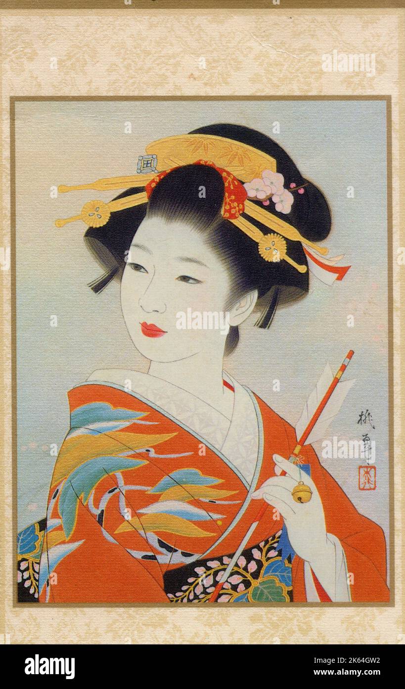 Reproduction d'une très belle peinture d'une belle geisha japonaise, tenant une flèche portant un kimono rouge Banque D'Images
