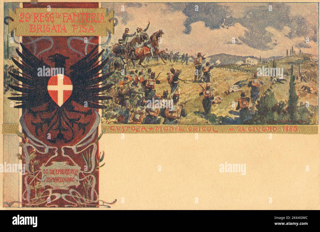 Troisième guerre d'indépendance italienne - bataille de Custoza : l'armée impériale autrichienne de 80 000 hommes, sous les ordres de l'archiduc Albert, rejointe par l'armée vénitienne a vaincu de manière décisive une armée italienne désorganisée, démoralisée et mal dirigée de 120 000 hommes, sous les ordres de Victor Emmanuel II - 24 juin 1866. Action du 29e régiment d'infanterie de la Brigade de Pise. Banque D'Images
