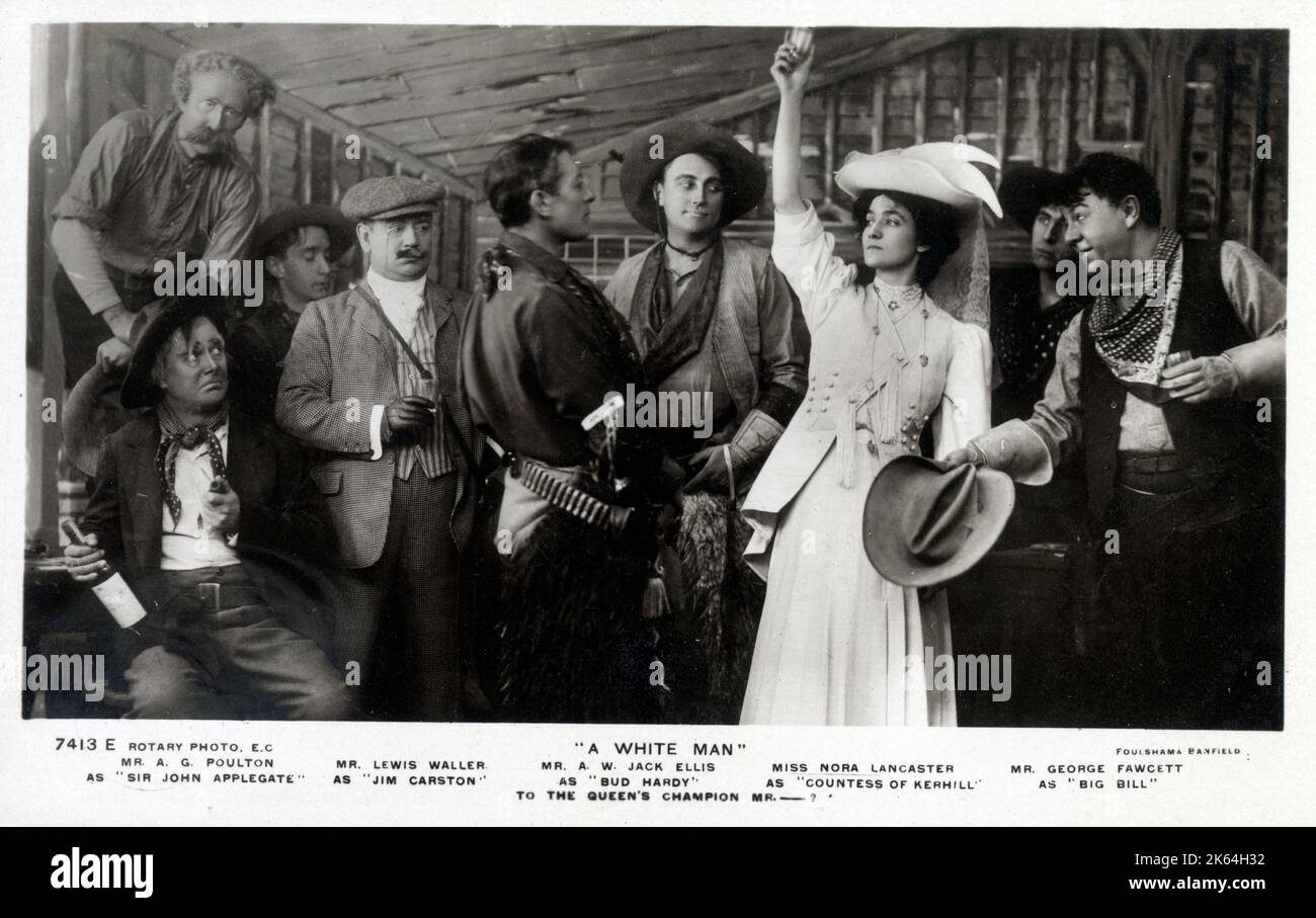 'A White Man' - pièce au Lyric Theatre, Londres, avec (de gauche à droite) MR A G Poulton dans le rôle de 'Sir John Applegate', MR Lewis Waller dans le rôle de 'Jim Carston', MR A W Jack Ellis dans le rôle de 'Bud Hardy', Mlle Nora Lancaster dans le rôle de 'Comtesse de Kerhill' et M. George Fawcett dans le rôle de 'Big Bill' - 'au Champion de la Reine M...?' Banque D'Images