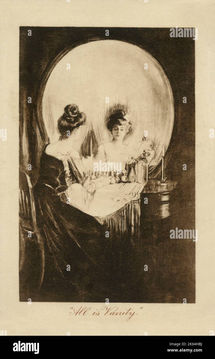 All is Vanity (1892) - un memento mori ou vanitas trompe l'oeil illusion d'optique dessinant une femme à sa coiffeuse, doublant comme un crâne humain. Banque D'Images