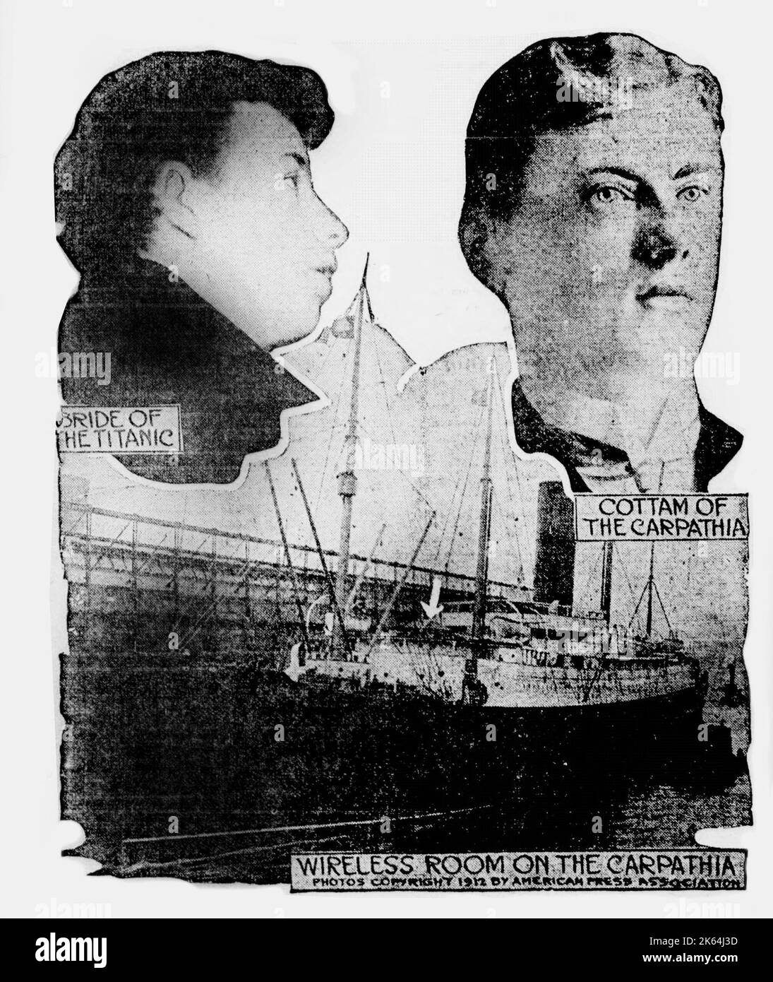 Les opérateurs sans fil britanniques Harold bride (du RMS Titanic) et Harold Cottam (du RMS Carpathia). La chambre sans fil sur le pont de la Carpathia est marquée par une flèche. Banque D'Images