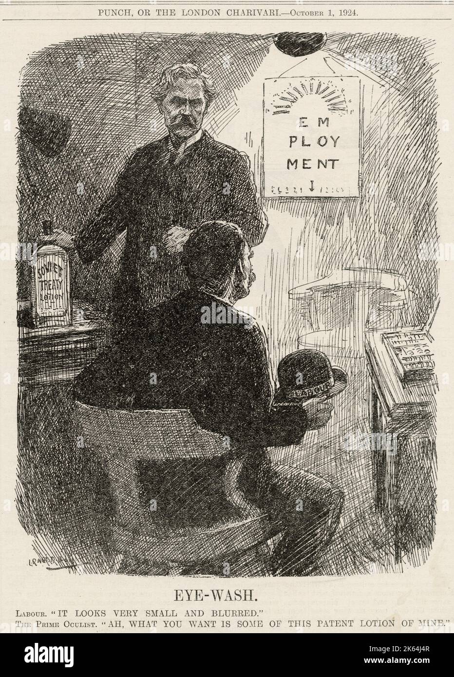Lavage oculaire. Ramsay Macdonald flirte avec le bolchevisme. Travail : il semble très petit et flou. Le Premier oculiste : Ah, ce que vous voulez, c'est une partie de cette lotion patente de la mienne [lotion du Traité soviétique]. Banque D'Images