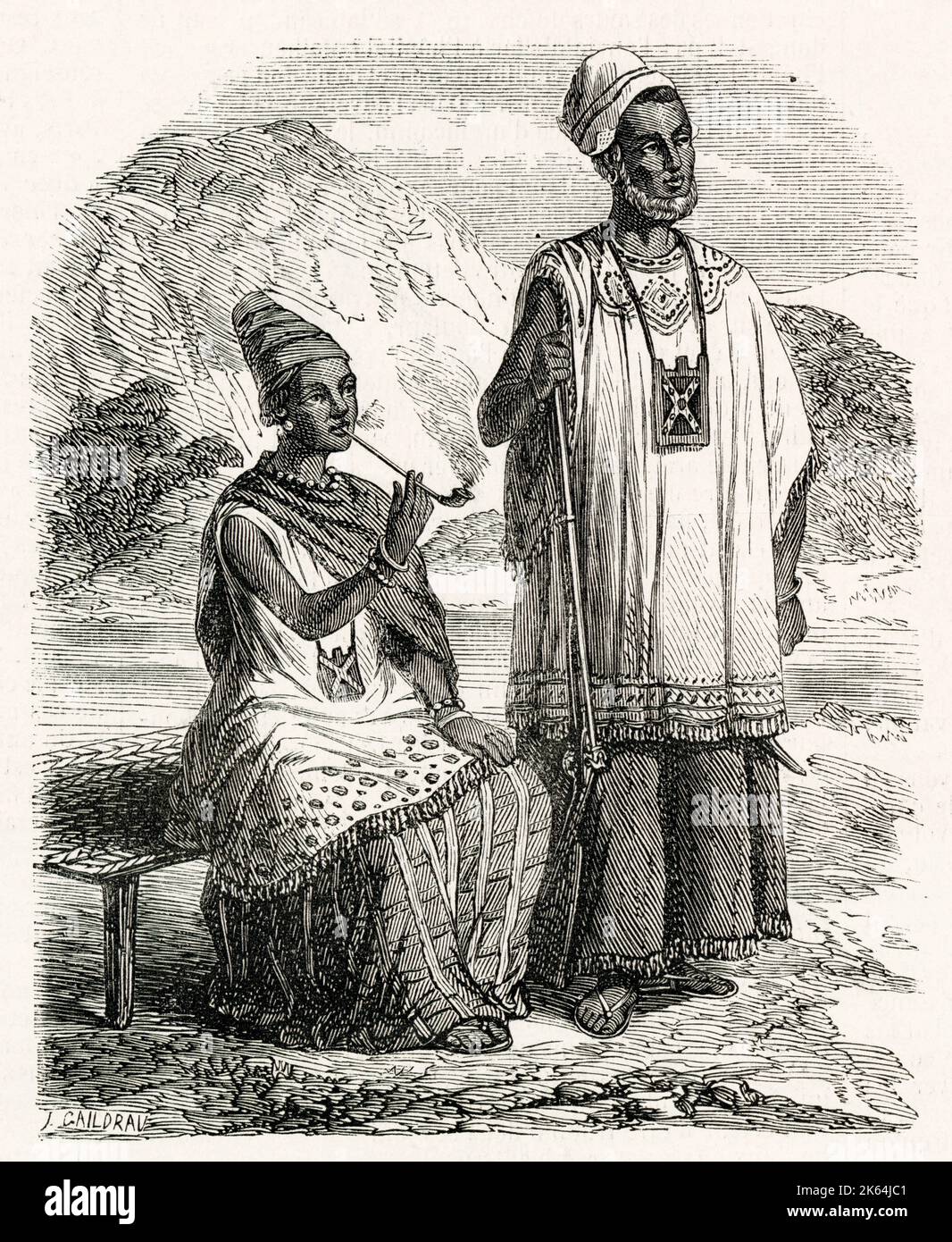 NDate Yalla Mbodj ou Ndateh Yalla Mbooj, (c.1810-1860 ou 1814-1856) et son mari, Maaroso Tassé. NDate Yalla Mbodj était la dernière grande Lingeer (reine) du Waalo, l'un des quatre royaumes wolof de Sénégambie situé dans ce qui est maintenant le nord-ouest du Sénégal. Elle est photographiée en robe royale. Banque D'Images