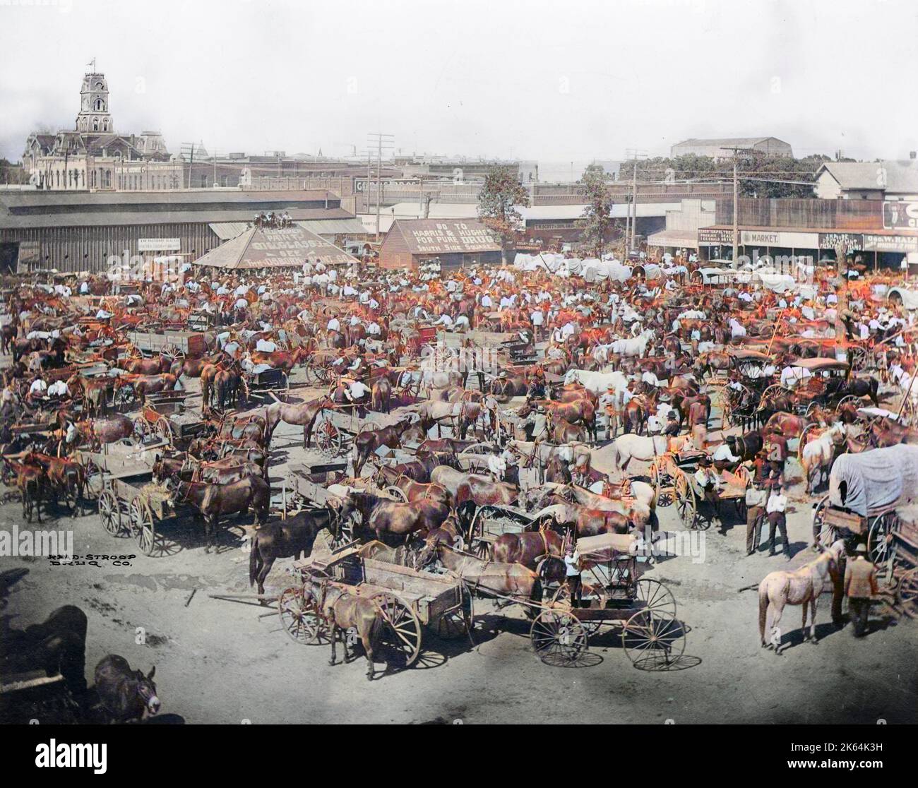 Place du marché, Cleburne (Texas). La photographie montre la place du marché à Cleburne (Texas) à au nord-est, avec les gens, les chevaux, et des chariots, en premier plan,. Date 1850-1900. Banque D'Images