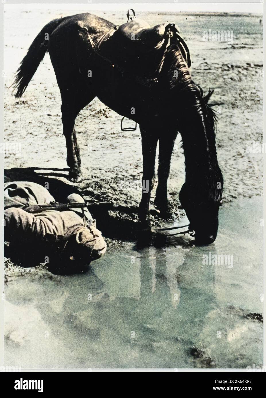 Un cavalier soviétique partage un verre avec son cheval, à la rivière Dneiper Banque D'Images