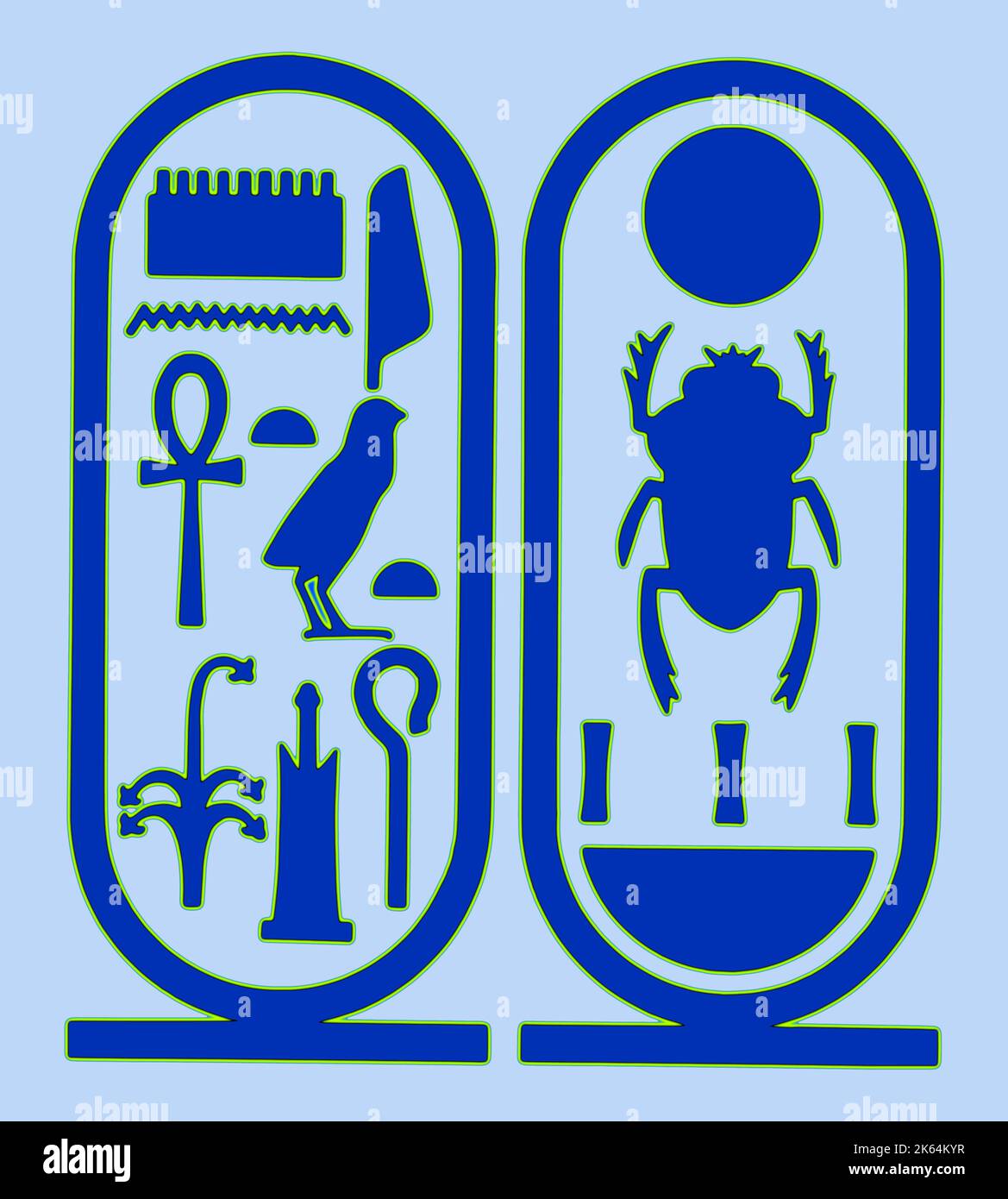 Cartouche avec l'orthographe hiéroglyphique du nom du Pharaon égyptien Toutankhamon avec l'épithète, 'Toutankhamon, dirigeant de l'on de la haute-Égypte (Thèbes),' et son nom de trône, 'Nebkheperura'. Banque D'Images